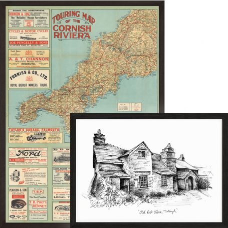 Map of the Cornish Riviera with an illustration of a rustic building.