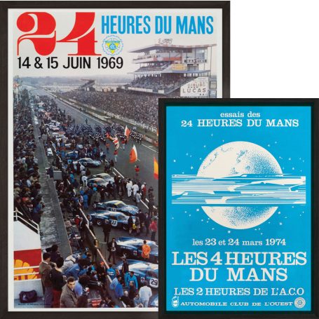 Two vintage posters for the 24 Hours of Le Mans car race, featuring event details.