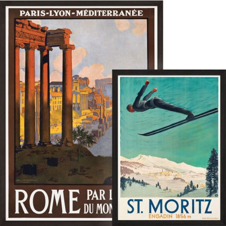 Two vintage travel posters: one for Rome featuring ancient columns, one for St. Moritz with a skier.