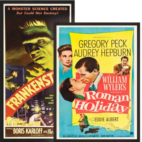 Classic film posters for "Frankenstein" and "Roman Holiday" featuring iconic scenes and actors.