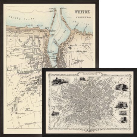 Two historical maps of Whitby and a detailed view of London, featuring illustrations.